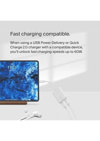 Rockstar™ Usb-C Ses + Şarj Adaptörü, Usb-C 60W Güç Dağıtımlı Kulaklık Adaptörü iPhone 15, iPad Pro, Galaxy, Note, Google Pixel, Lg, Sony, Oneplus ve Daha Fazlası Için Hızlı Şarj - Beyaz