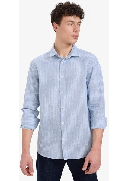 Yeni Sezon Regular Fit Polo Yaka Çizgili Keten Yazlık Uzun Kollu Gömlek fırsatları