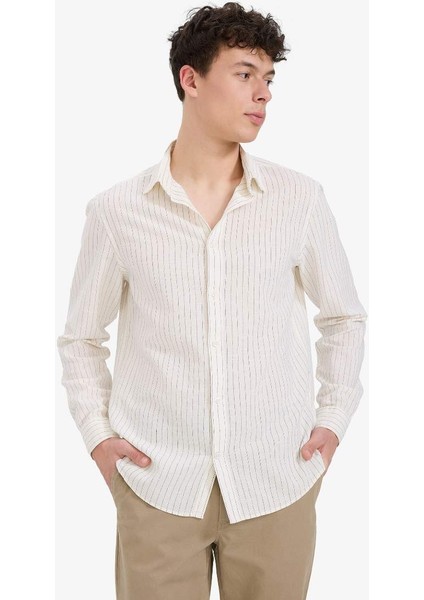 Yeni Sezon Regular Fit Polo Yaka Çizgili Keten Yazlık Uzun Kollu Gömlek modelleri