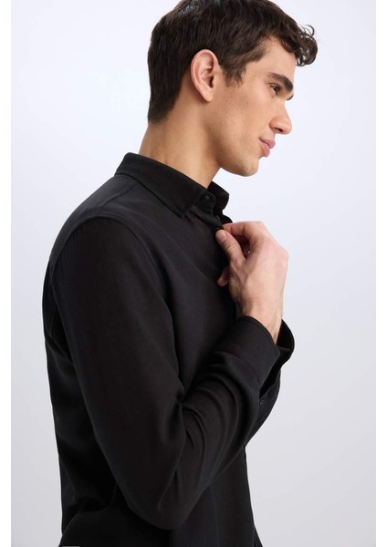 Yeni Sezon Regular Fit Polo Yaka Keten Görünümlü Uzun Kollu Siyah Gömlek indirimleri