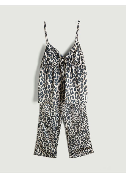 Yeni Sezon V Yaka Leopar Desenli Askili Kadin Pijama Takimi - S5I076Z8