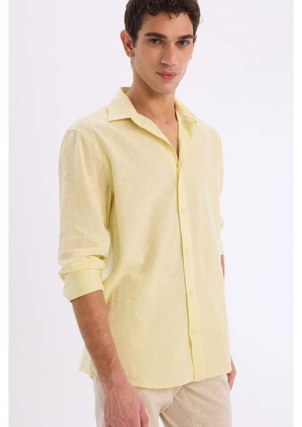 Yeni Sezon Regular Fit Polo Yaka Keten Karışımlı Yazlık Uzun Kollu Gömlek indirimleri