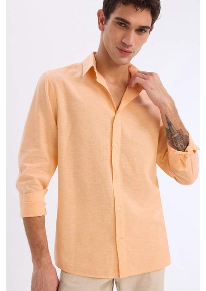 Yeni Sezon Regular Fit Polo Yaka Keten Karışımlı Yazlık Uzun Kollu Gömlek modelleri