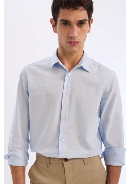 Yeni Sezon Regular Fit Polo Yaka Keten Karışımlı Yazlık Uzun Kollu Gömlek