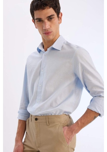 Yeni Sezon Regular Fit Polo Yaka Keten Karışımlı Yazlık Uzun Kollu Gömlek fırsatları