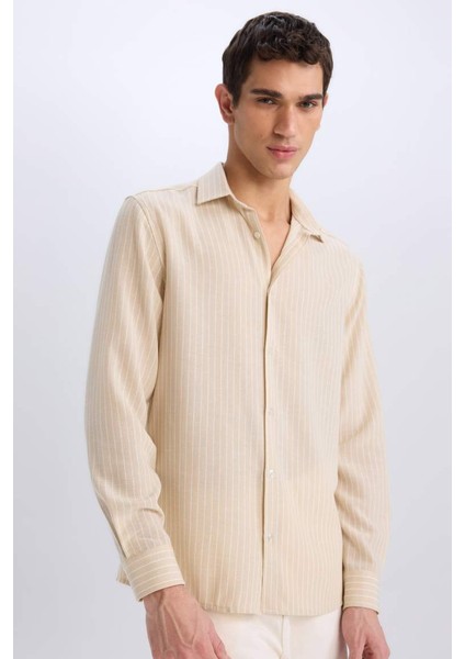 Yeni Sezon Regular Fit Polo Yaka Keten Görünümlü Uzun Kollu Gömlek