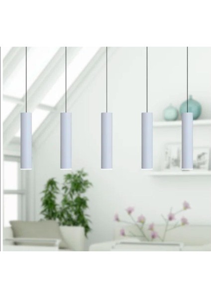 Mylights Sıralı Masaüstü Beşli 5 Li 120 cm Mat Beyaz Gün Işığı LED Ampullü LED Avize Masa Üstü LED Spot