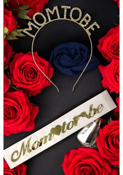 Mom To Be Metal Taç ve Kuşak & Baby Shower Set & Beyaz Altın Kuşak Taşlı Altın Taç
