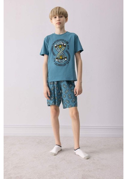 Yeni Sezon Erkek Çocuk Pijama Takımı Baskılı Kısa Kollu Üst Desenli Şort