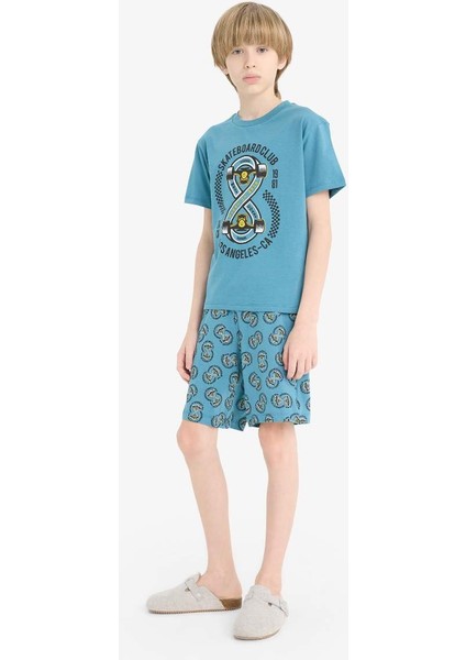 Yeni Sezon Erkek Çocuk Pijama Takımı Baskılı Kısa Kollu Üst Desenli Şort