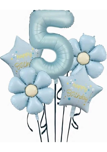 Retro Mavi Papatyalı Yaş Balon Parti Seti 5 Li Set