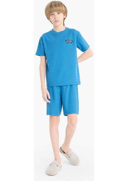Yeni Sezon Erkek Çocuk Waffle Pijama Takımı Kısa Kollu Üst Beli Lastikli Şort
