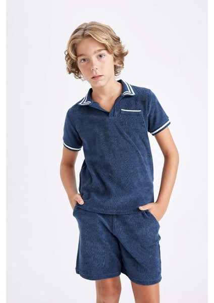 Yeni Sezon Erkek Çocuk Apaş Yaka Havlu Kumaş Kısa Kollu Polo Tişört