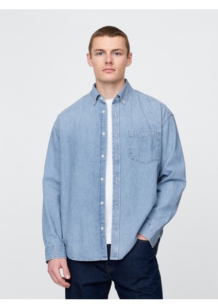 Erkek Mavi Denim Big Gömlek