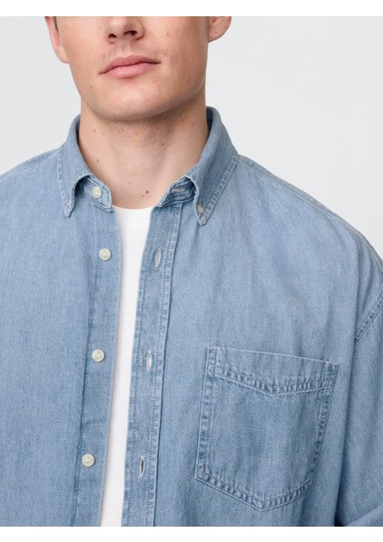 Erkek Mavi Denim Big Gömlek