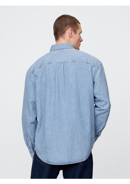 Erkek Mavi Denim Big Gömlek