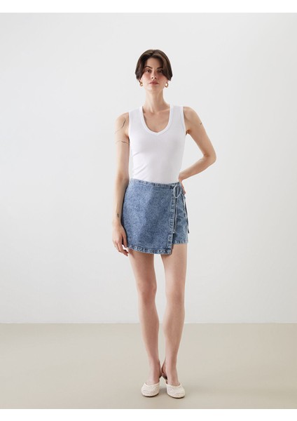 Yeni Sezon Standart Fit Kadin Jean Sort Etek - S5GP92Z8