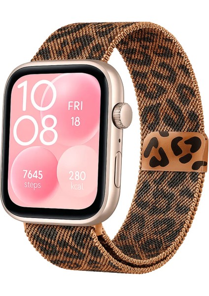 Huawei Watch Fit 4 & Watch Fit 4 Pro Uyumlu Leopar Desenli Paslanmaz Metal Hasır Milano Kordon