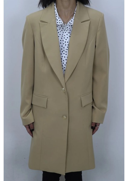 Fistan Store Kadın Camel Klasik Kesim Normal Kalıp Çift Düğme Yazlık Uzun Battal Blazer Ceket