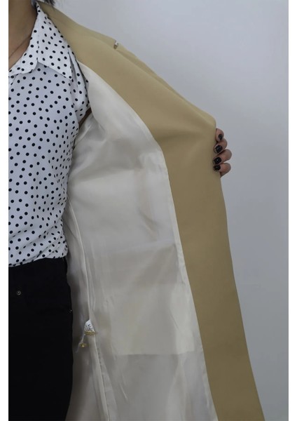 Fistan Store Kadın Camel Klasik Kesim Normal Kalıp Çift Düğme Yazlık Uzun Battal Blazer Ceket