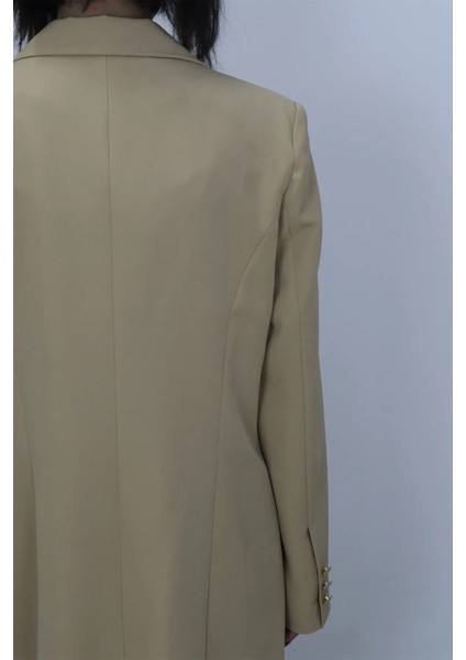 Fistan Store Kadın Camel Klasik Kesim Normal Kalıp Çift Düğme Yazlık Uzun Battal Blazer Ceket