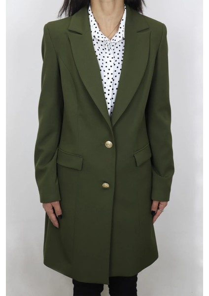 Fistan Store Haki Yeşil Normal Kalıp Çift Düğme Uzun Yazlık Blazer Ceket