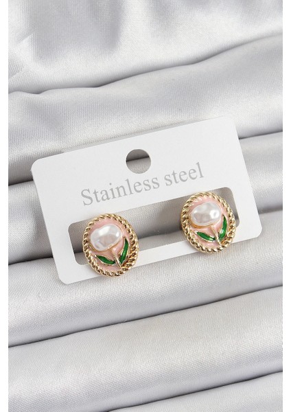 Pirinç Pembe Mineli Lale Figürlü Sanatsal Portre Model Gold Renk Kadın Küpe