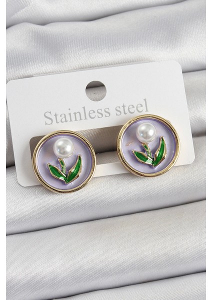 Pirinç Mor Mineli Lale Figürlü Sanatsal Portre Model Gold Renk Kadın Küpe