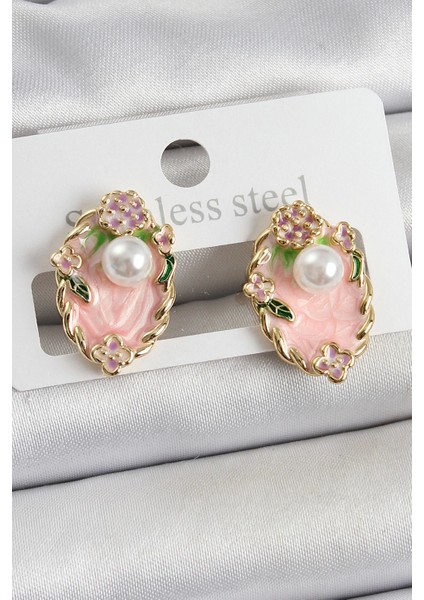 Pirinç Pembe Mineli Inci Detaylı Sanatsal Portre Model Gold Renk Kadın Küpe