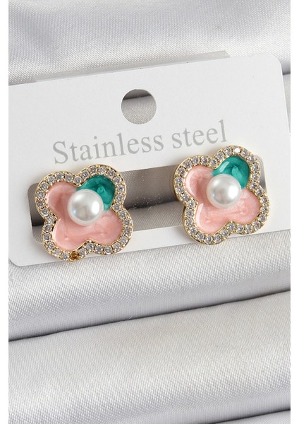 Pirinç Pembe Mineli Inci Detaylı Zirkon Taşlı Sanatsal Portre Yonca Model Gold Renk Kadın Küpe