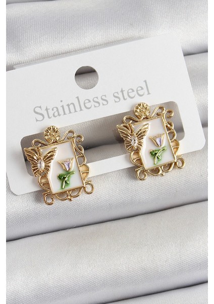 Pirinç Beyaz Mineli Sanatsal Portre Model Gold Renk Kadın Küpe