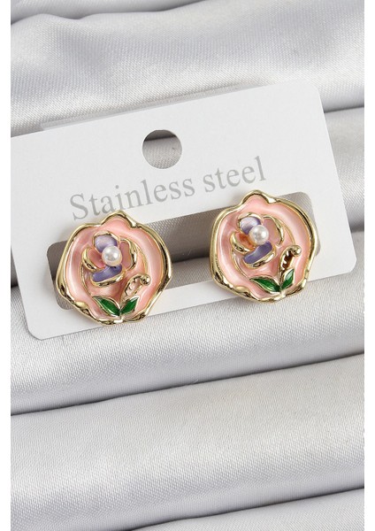 Pirinç Pembe Mineli Çiçek Figürlü Sanatsal Portre Model Gold Renk Kadın Küpe