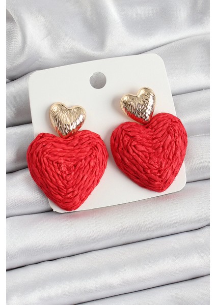 Kırmızı Kalp Figürlü Hasır Örgü Model Gold Renk Kadın Küpe