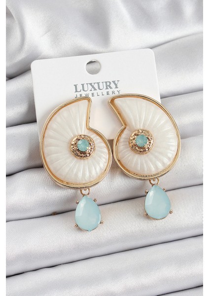 Pirinç Sedef Deniz Kabuğu Figürlü Zirkon Taşlı Gold Renk Kadın Küpe