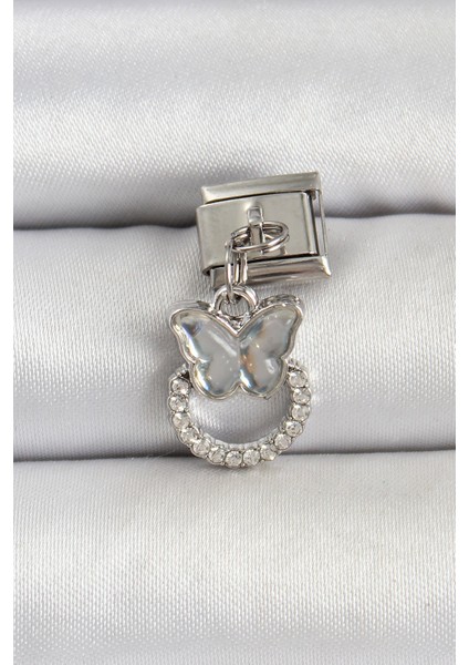 316L Çelik Gümüş Renk Taşlı Kelebek Model Nomination Charm