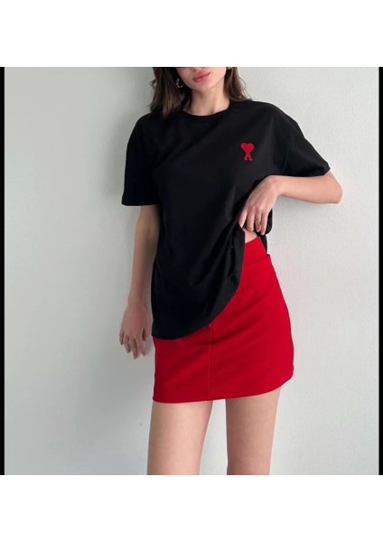 Unisex Bisiklet Yaka Baskılı Oversize T-Shirt - Siyah modelleri