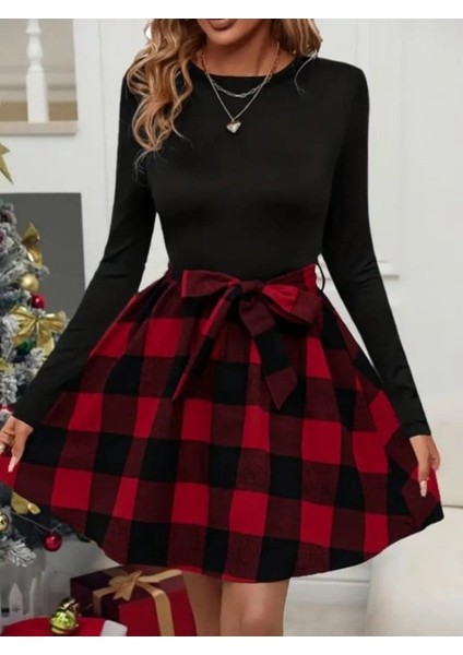 Kadın Uzun Kollu Bisiklet Yaka Üst Viskon Alt Ekose Kısa Elbise