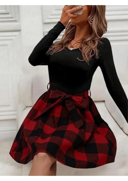 Kadın Uzun Kollu Bisiklet Yaka Üst Viskon Alt Ekose Kısa Elbise modelleri