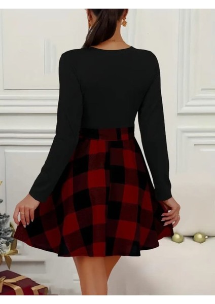 Kadın Uzun Kollu Bisiklet Yaka Üst Viskon Alt Ekose Kısa Elbise indirimleri