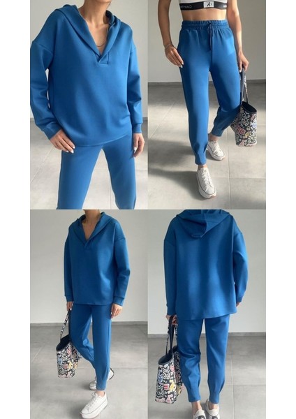 Kadın Uzun Kol V Yaka Kapüşon Detay Sweat ve Yüksel Bel Eşofman Ikili Takım modelleri
