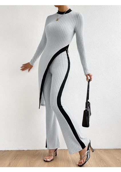 Kadın Uzun Kollu Bisiklet Yaka Asimetrik Kesim Bluz Şardonlu Kaşkorse Bluz ve Pantolon Ikili Takım