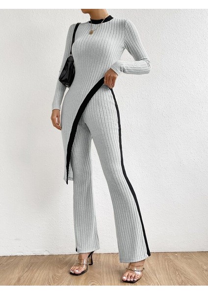 Kadın Uzun Kollu Bisiklet Yaka Asimetrik Kesim Bluz Şardonlu Kaşkorse Bluz ve Pantolon Ikili Takım