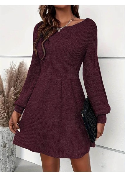 Kadın Uzun Kollu Kayık Yaka Kısa Triko Elbise