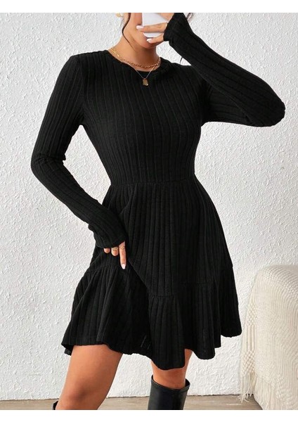 Kadın Uzun Kollu Bisiklet Yaka Kemersiz Eteği Pileli Şardonlu Kaşkorse Elbise