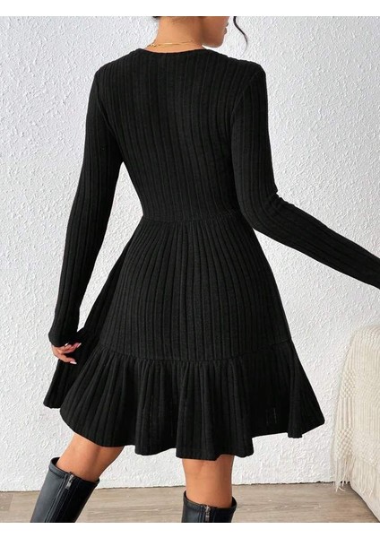 Kadın Uzun Kollu Bisiklet Yaka Kemersiz Eteği Pileli Şardonlu Kaşkorse Elbise fiyatları