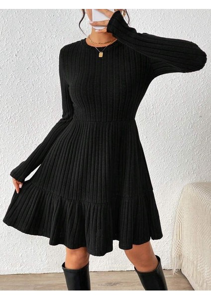 Kadın Uzun Kollu Bisiklet Yaka Kemersiz Eteği Pileli Şardonlu Kaşkorse Elbise