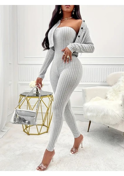 Kadın Uzun Kollu Şardonlu Kaşkorse Straplez ile Kısa Önden Düğmeli Ceket Ikili Takım