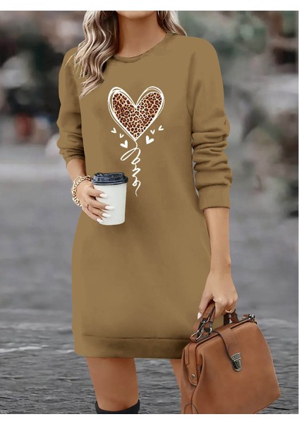 Kadın Uzun Kollu Bisiklet Yaka Kalp Desenli Kısa Viskon Elbise modelleri