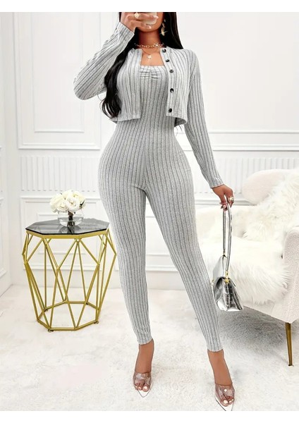 Kadın Uzun Kollu Şardonlu Kaşkorse Straplez ile Kısa Önden Düğmeli Ceket Ikili Takım