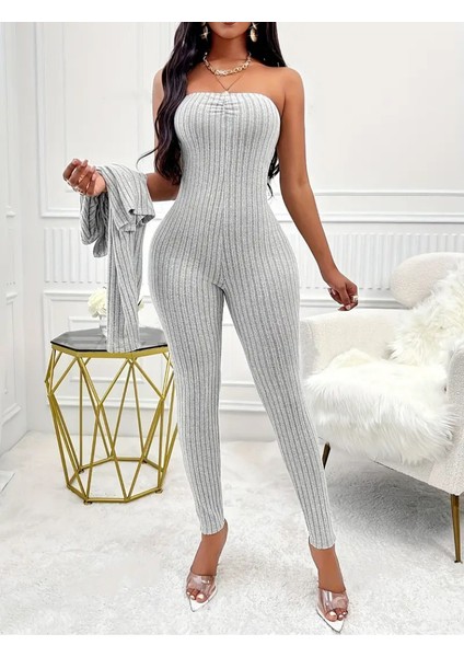 Kadın Uzun Kollu Şardonlu Kaşkorse Straplez ile Kısa Önden Düğmeli Ceket Ikili Takım